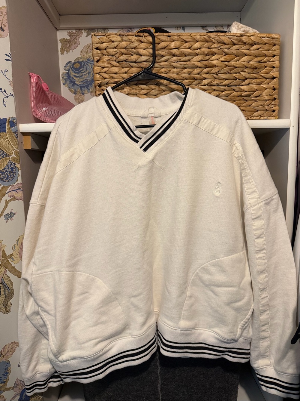 Free People Cream V-Neck Sweater with Black Stripe Trim